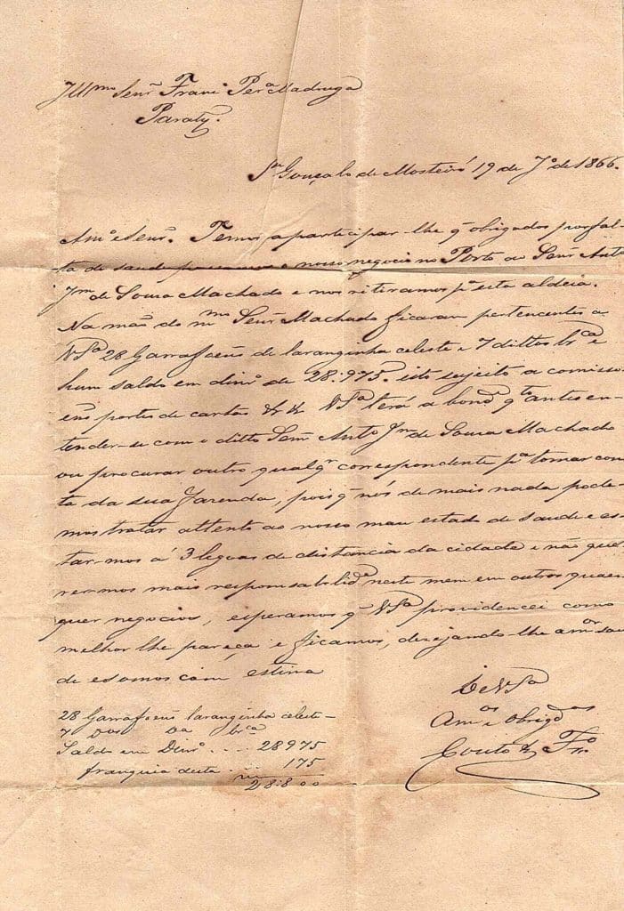 carta antiga escrita a mão onde consta a menção a exportação de Laranjinha Celeste